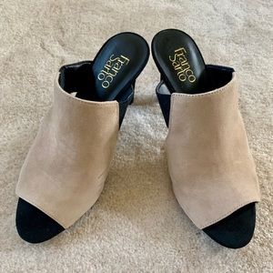 Franco Sarto Taupe suede three inch mules